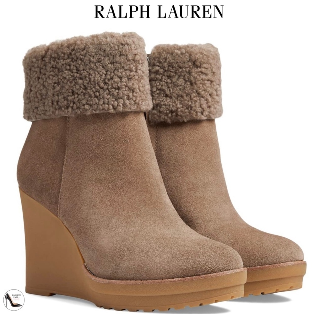 Ralph Lauren Steph Sheep Shearling Cuff Wedge Booties Taupe Suede Pull On Boots